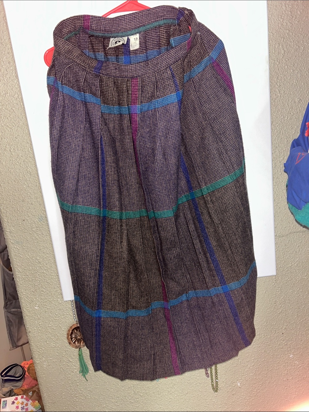 Plaid Midi Skirt in Brown with Teal & Blue Stripes